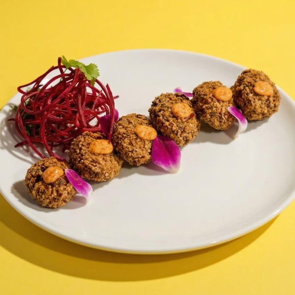 Indian appetizer of six crispy brown fritters with orange sauce and purple petals, next to shredded beets.