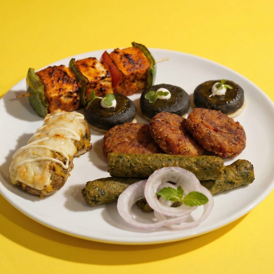 A white plate with Indian appetizers including paneer tikka, kebabs, and fried patties on a yellow background.