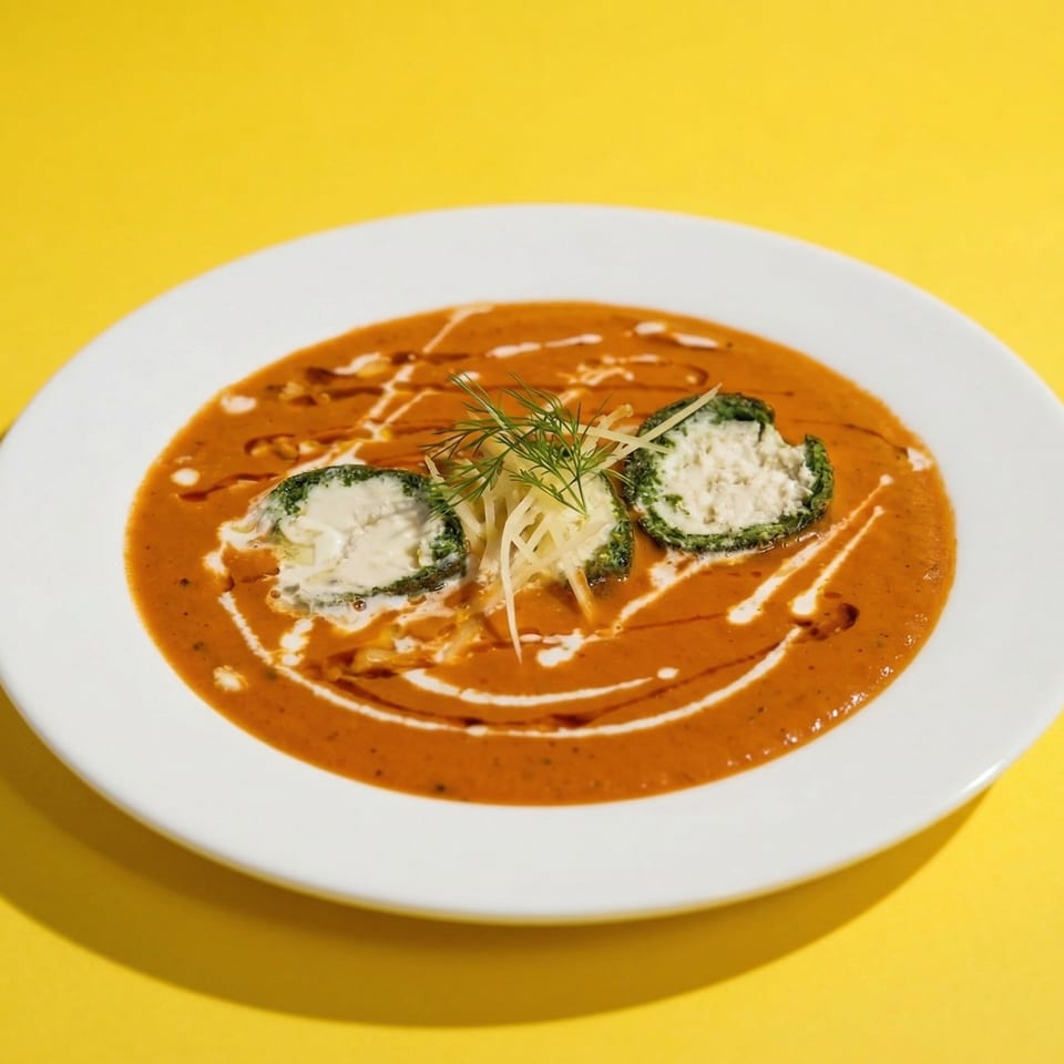 Indian curry with green dumplings filled with white cheese, garnished with dill and shredded cheese.