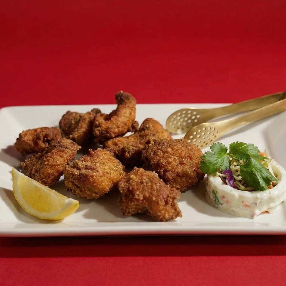 Crispy fried chicken pieces with a lemon wedge, coleslaw, and serving tongs on a white plate.