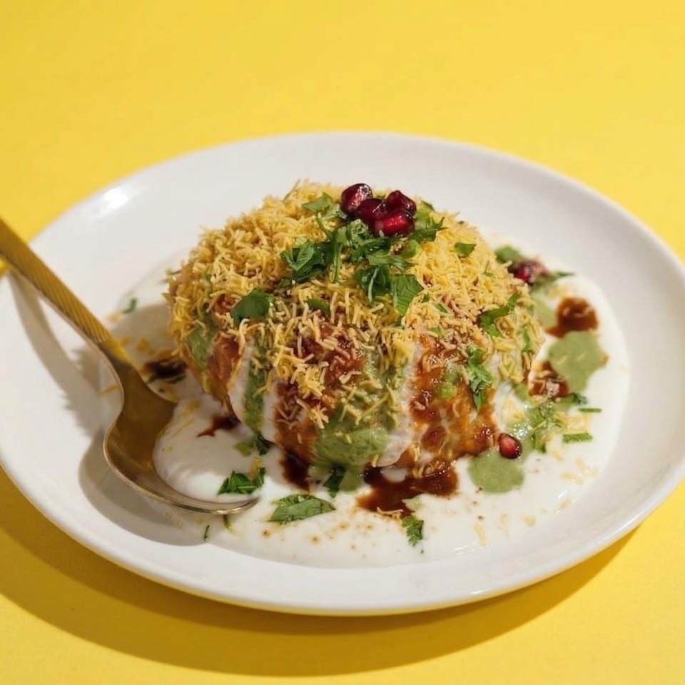 A vibrant Indian chaat dish, topped with sev, cilantro, and pomegranate seeds, on a white plate.