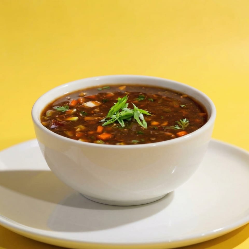 A white bowl of Indian hot and sour soup with vegetables and green onions on a yellow background.