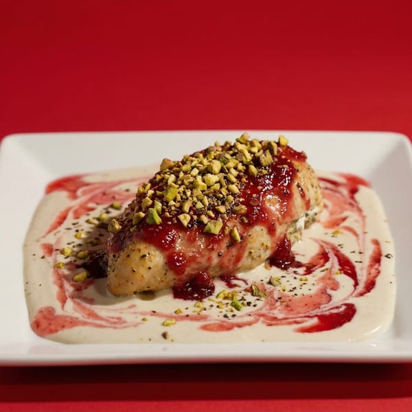 Indian chicken dish with red sauce and pistachios on a white plate with a red background.