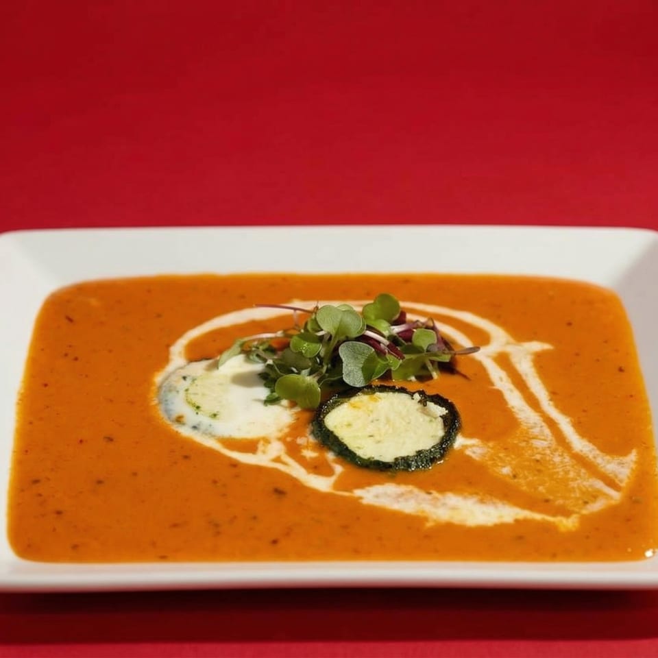 A rectangular white bowl of orange Indian soup with cream swirls, green garnish, and paneer.