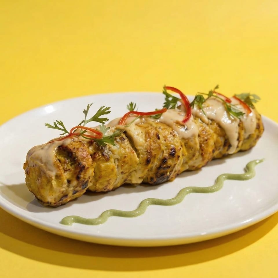 Indian chicken seekh kebab, drizzled with sauce and garnished with herbs and chili, on a white plate.